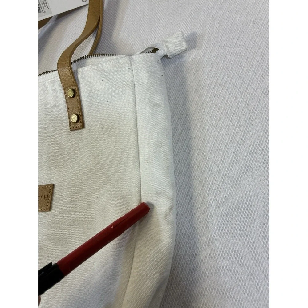 Cozy Earth White‎ Canvas Tote Bag Tan Faux Leather Handles Zippered Large
